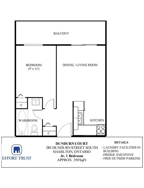 Floor plan for 1 bed, 1 bath